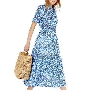 VILAGALLO EVELINE Blue Leopard Tiered Midi Cotton Lined Dress Sz 46